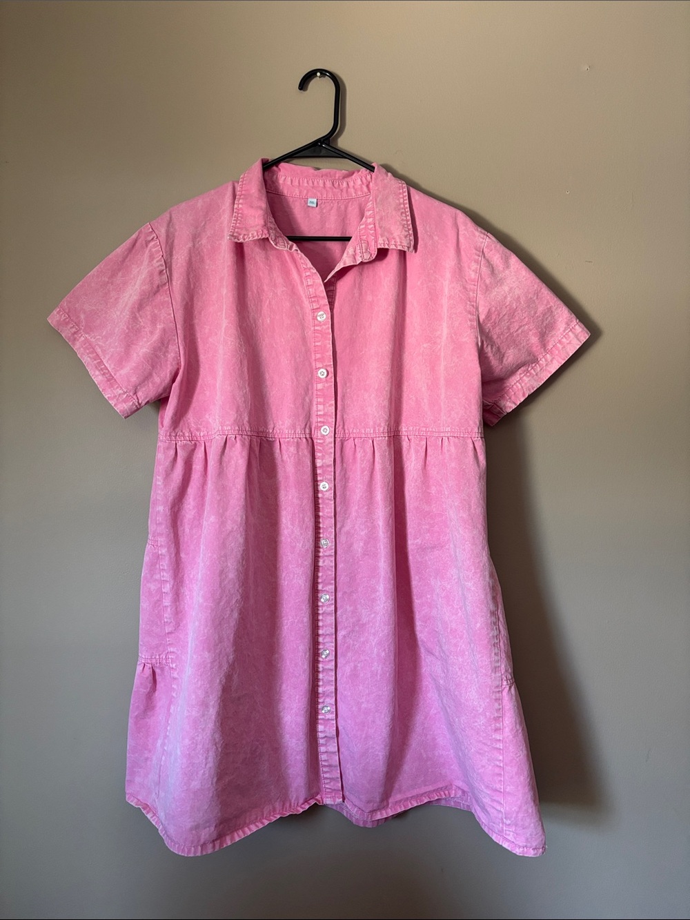 Washed Pink Button-Front Dress with Gathered Waist